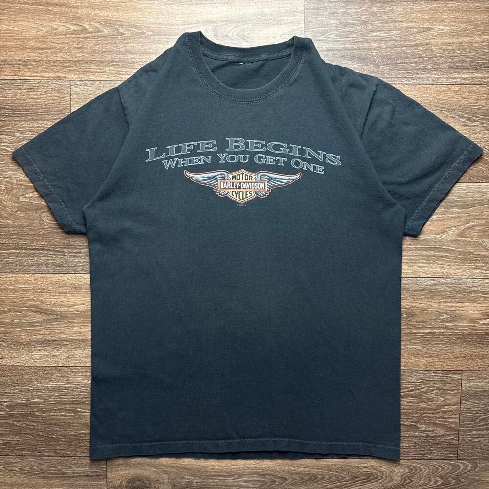 Y2K Harley Davidson Black Tee with 'LIFE BEGINS WHEN YOU GET ONE' Graphic
